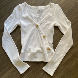 White long sleeved waffle knit top with button detail